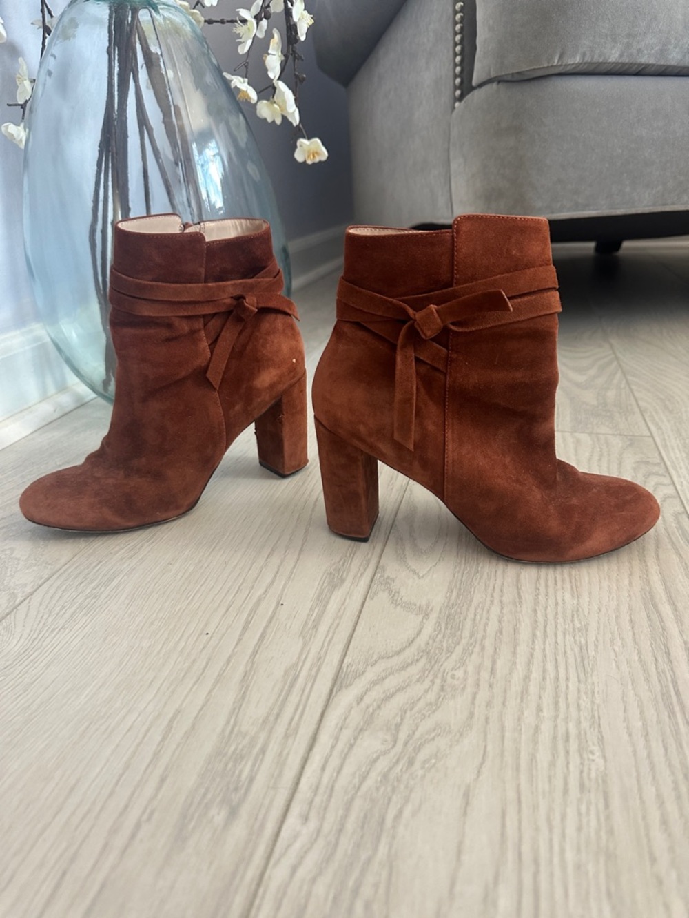 Suede Tie-Accent Ankle Boots in Rust